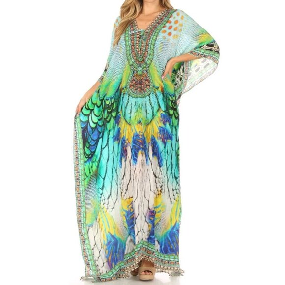 Sakkas Dresses & Skirts - Sakkas Milanna Women's V neck Short Sleeve Vibrant Print Caftan Cover UP, OS